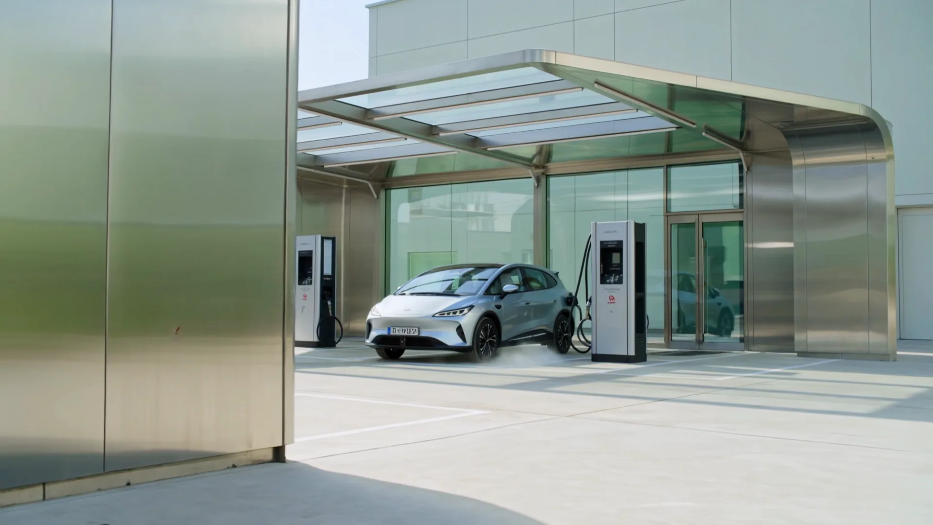 A hydrogen fuel-cell vehicle beside a refuelling station in a bright, clean facility, daylight reflecting off brushed metal and glass.