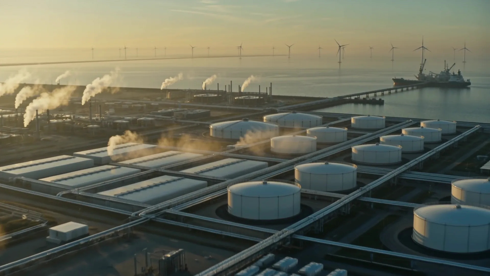 Golden-hour aerial of a vast green-hydrogen facility: solar arrays in the foreground sweeping toward white storage tanks, electrolyser halls, an export jetty with a carrier ship, and offshore wind turbines on the hazy horizon.